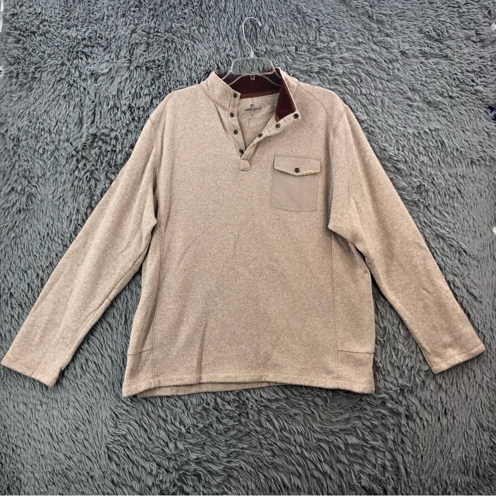 Woolrich Sweatshirt Mens XL Cream Tan Pullover Soft Snap Mock Neck